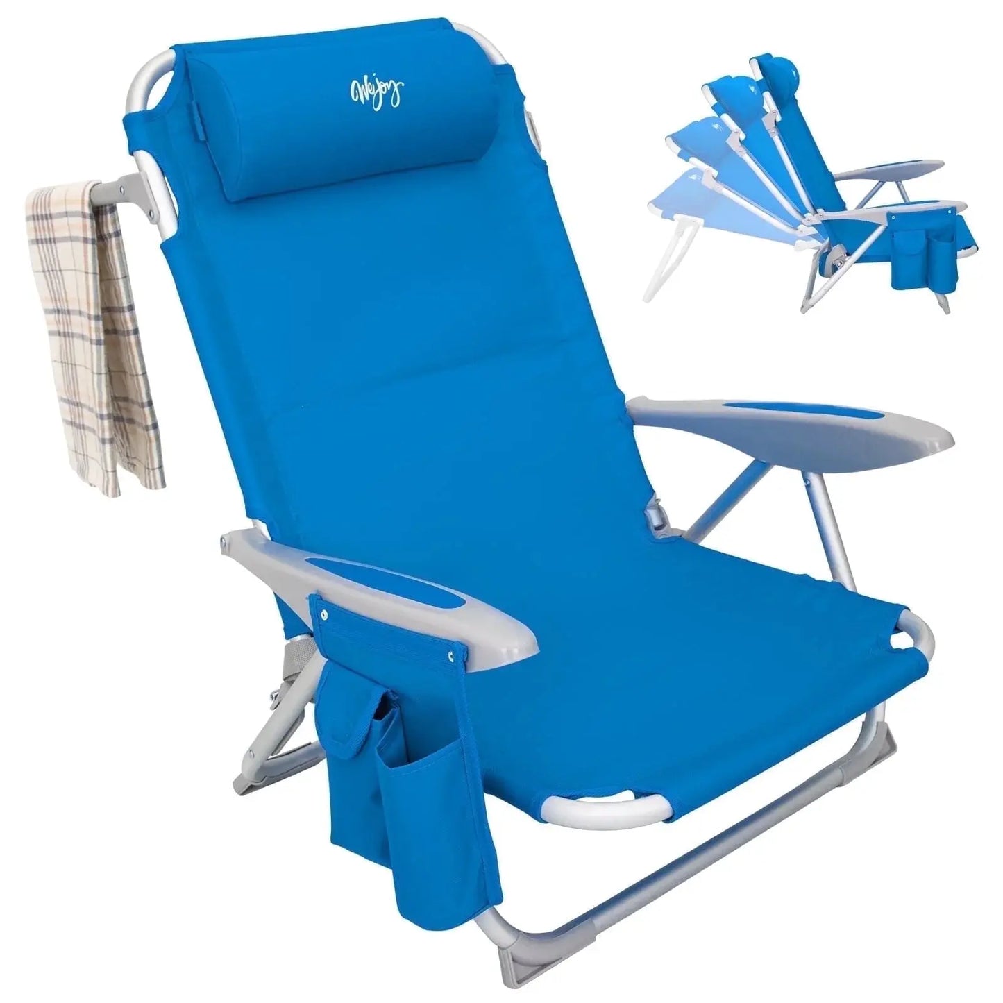 Ultimate Comfort: 4-Position Adjustable Backpack Beach Chair - Lightweight Aluminum Relaxation with Headrest, Cup Holder, and Towel Rack - Holds Up to 265 lbs!