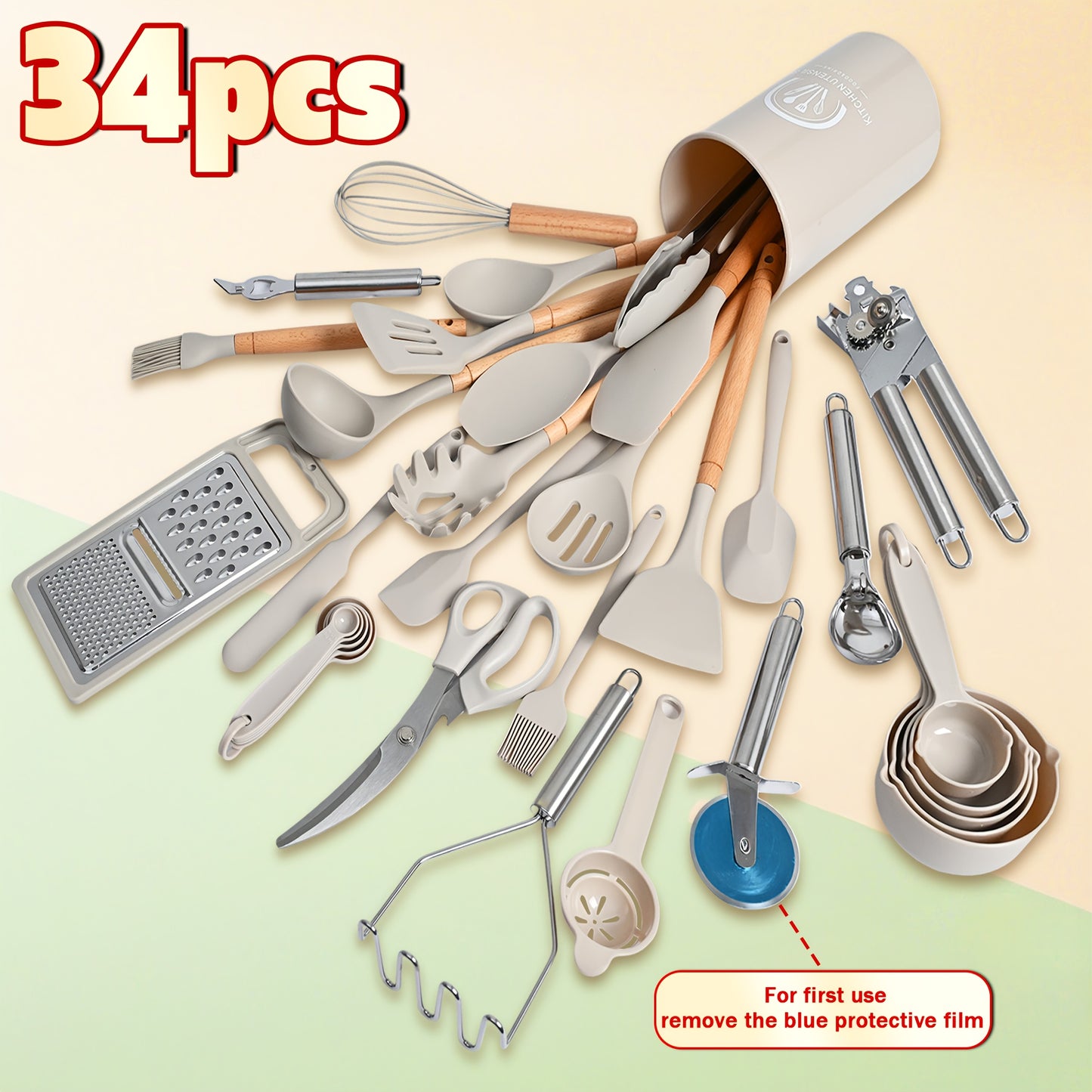 34pcs Silicone Kitchen Utensils Set with Wooden Handle