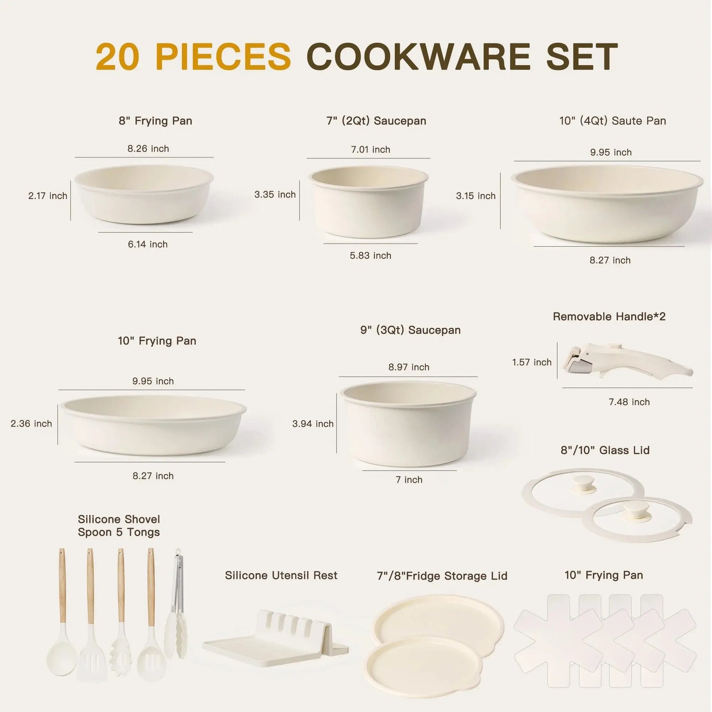 20-Piece Non-Stick Ceramic Cookware Set with Detachable Handles, Oven Safe and Induction Compatible, Stackable RV Kitchen Set in Cream White