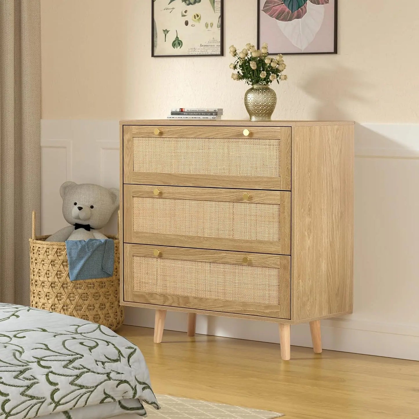 3 Drawer Dresser for Bedroom, Rattan Dresser Modern Wood Chest of Drawers with Spacious Storage for Bedroom Hallway Living Room, Rustic Oak, H0027