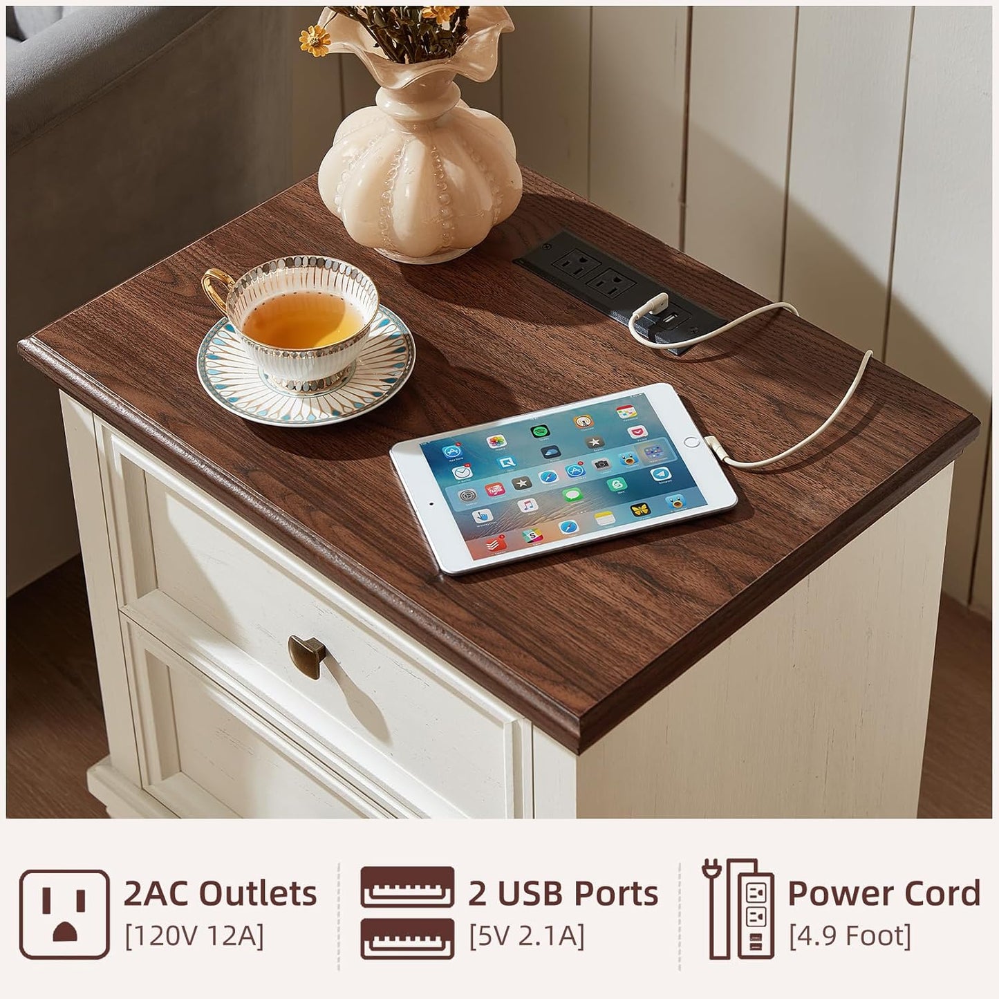 Charming Farmhouse Bedroom Dresser and Nightstand Set - Rustic 6 Drawer Tall & Low Dresser with 2 USB Ports and 2 Drawer Nightstand for Elegant Storage Solutions in White