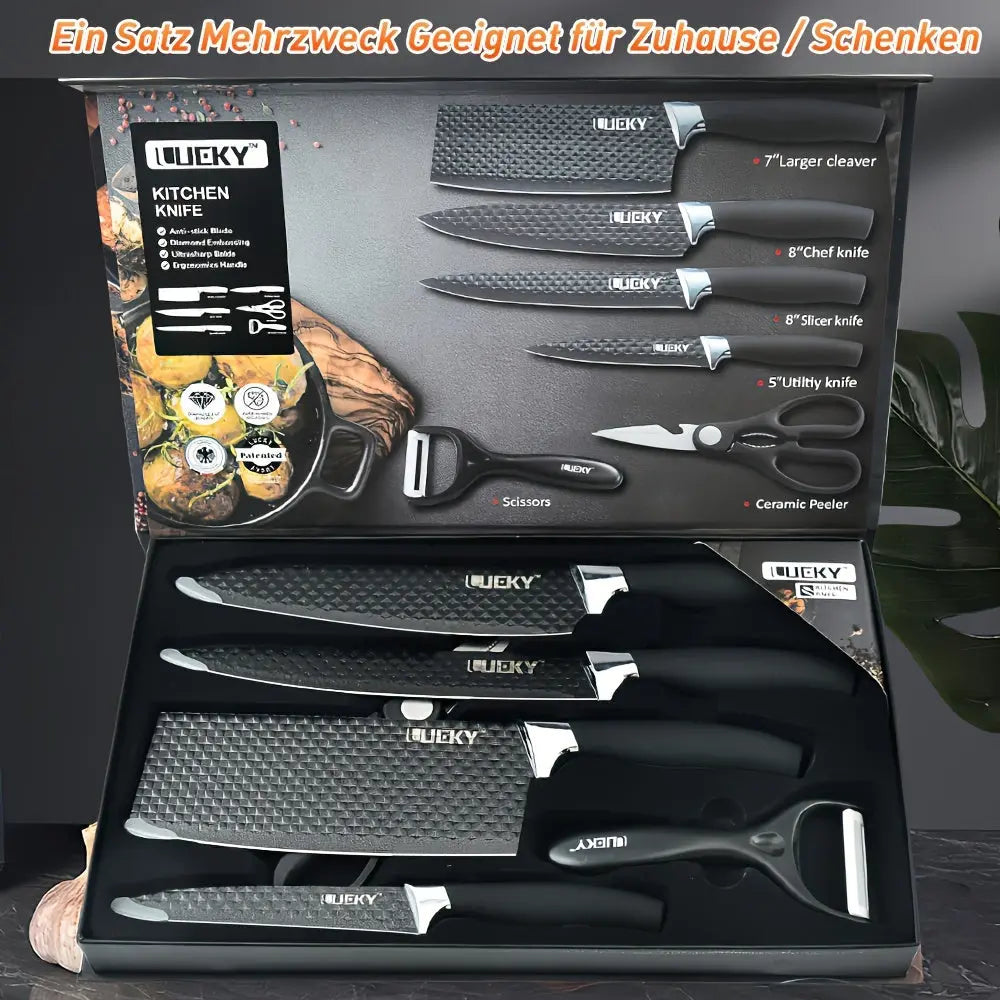 Professional Kitchen Knife Gift Set – 6-Piece Chef, Cleaver, Utility & Peeler – Premium Blades with Wood Grain Handles in Gift Box Our3Designs