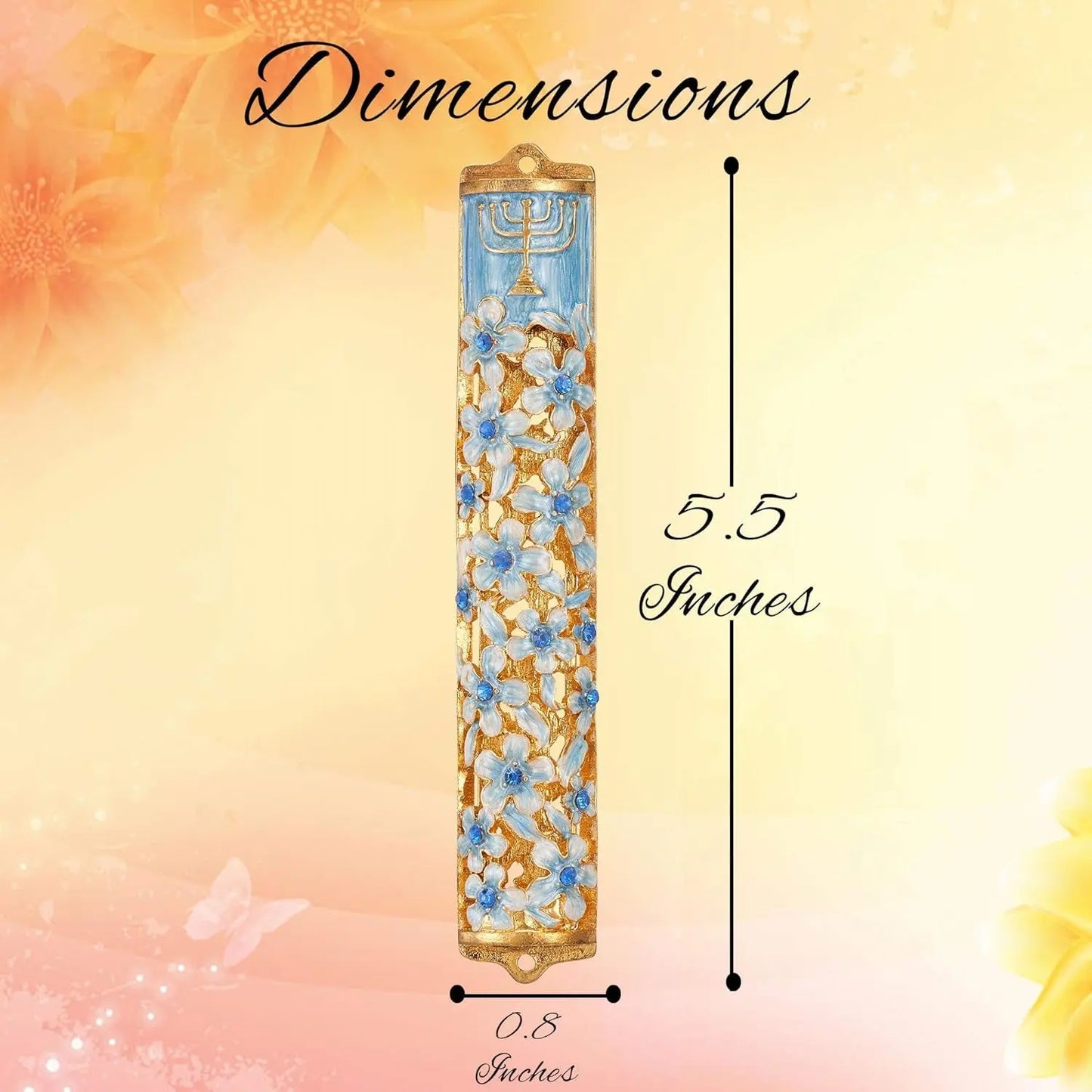 Hand Painted Blue and Ivory Enamel Flower Mezuzah Embellished with Gold Accents and Menorah Design Crystals Home Door Wall Decor Housewarming Present Gift for Festival(5.5 Inch)