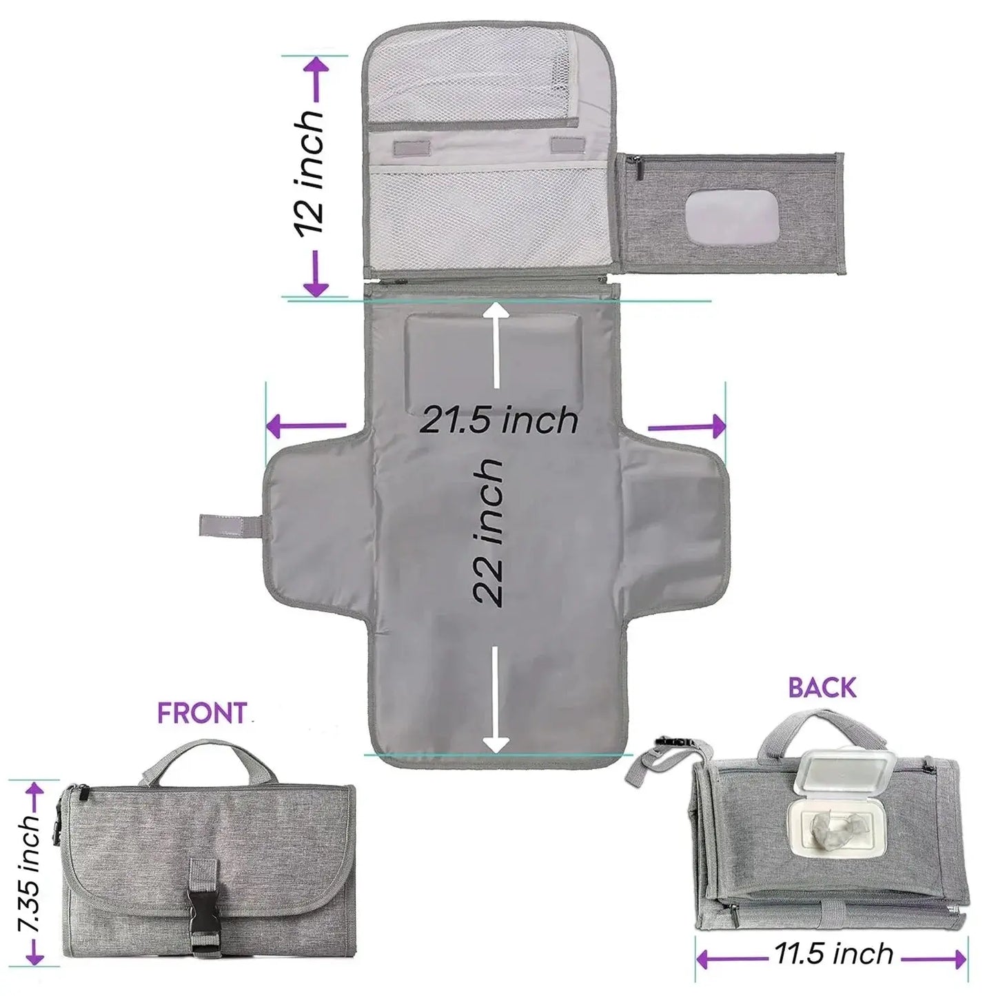 Portable Diaper Changing Pad, Waterproof Travel Baby Changing Kit with Wipes Pocket,Foldable,Gray