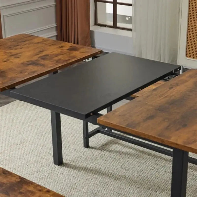 Ktaxon Extendable Dinner Table for 6 Dining Room Table Set Rectangle Kichen Table with Two Benches 63" W Fire Wood and Black