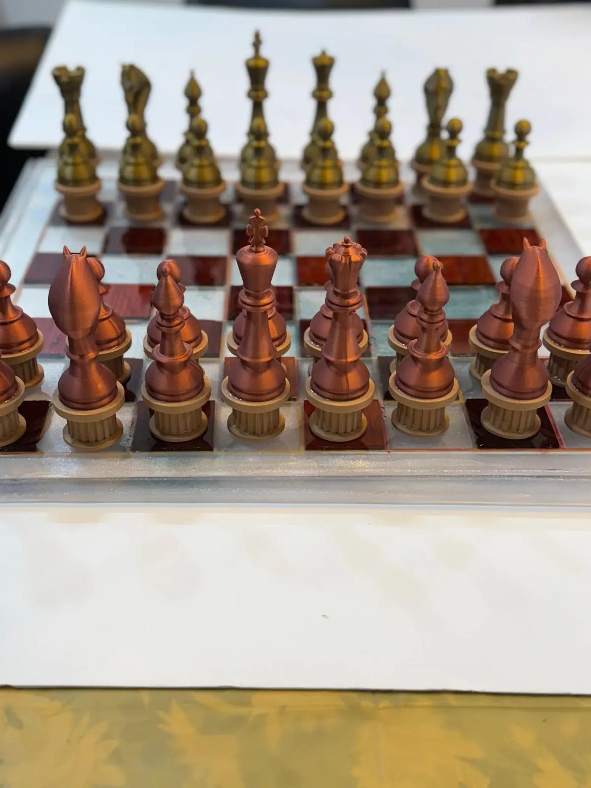 19.5" Walnut & White Epoxy Chess Set – Weighted Pieces, Modern Handmade Board Game Gift - Our3Designs