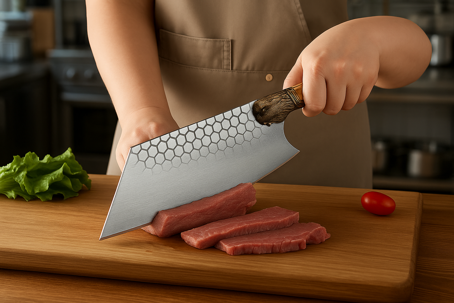 Honeycomb Pattern Cleaver Knife with Lion Handle – 12.2” Stainless Steel Blade & Wood Grip for Kitchen & BBQ