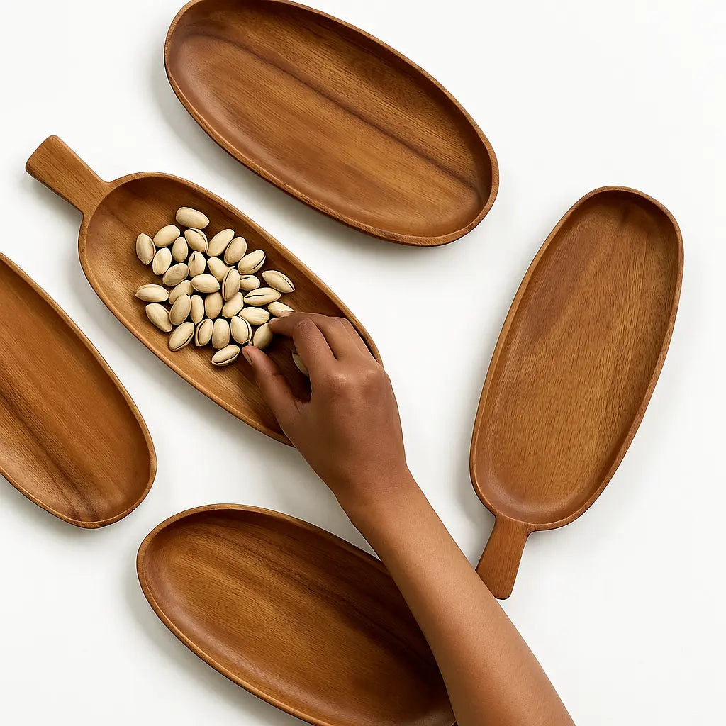 Leaf-Shaped Wooden Serving Tray – 13” Acacia Platter with Handle - Our3Designs