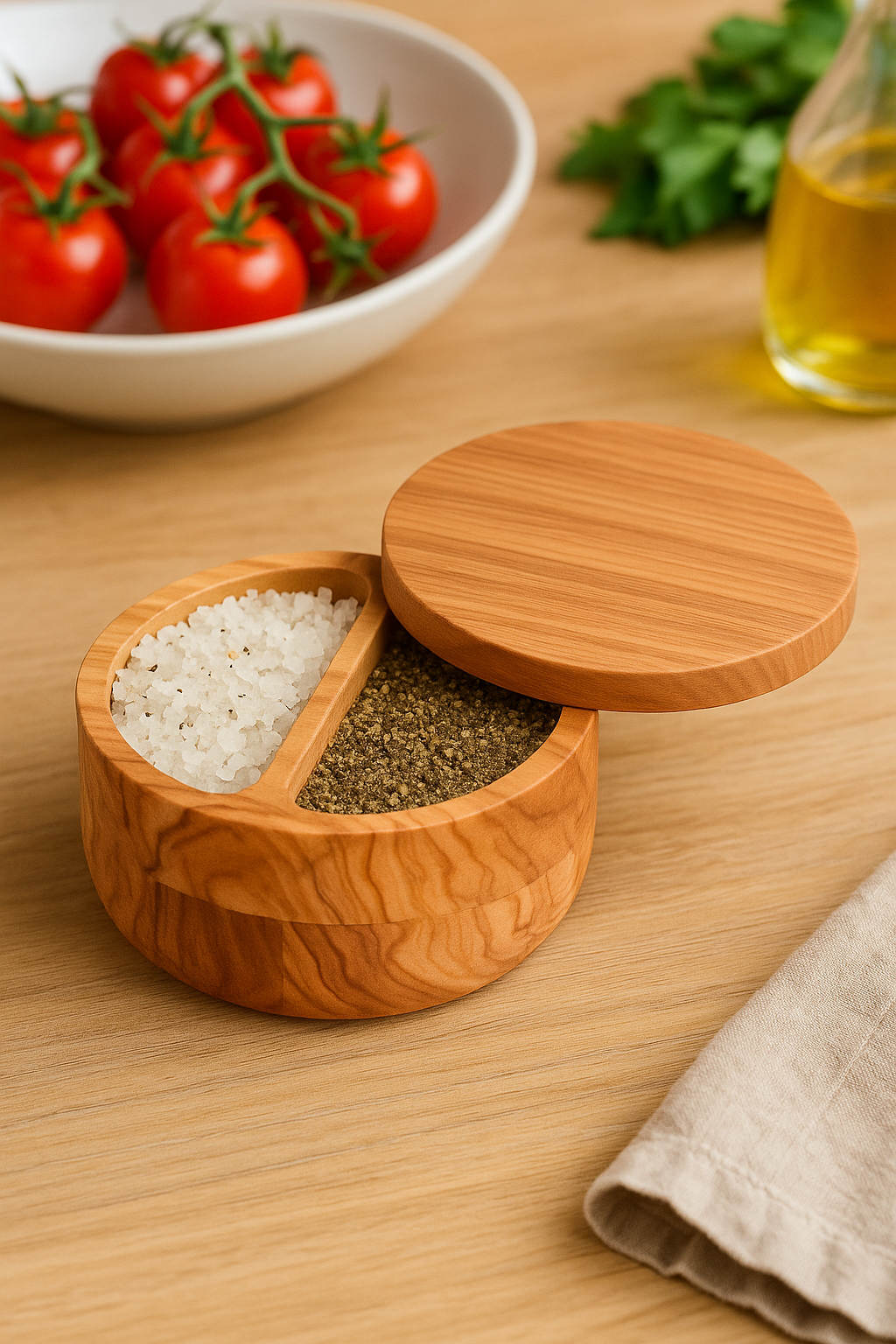 Olive Wood Salt Cannister with Magnetic Lid and 2 Compartments