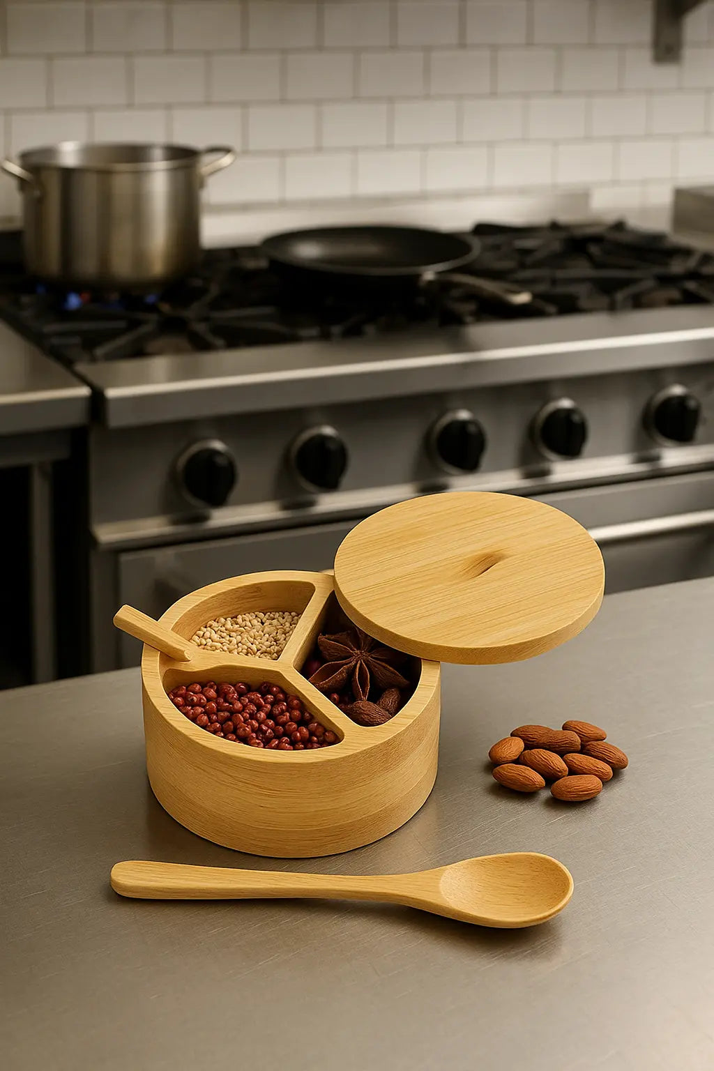 3-Compartment Bamboo Spice Box with Swivel Lid and Spoon - Our3Designs