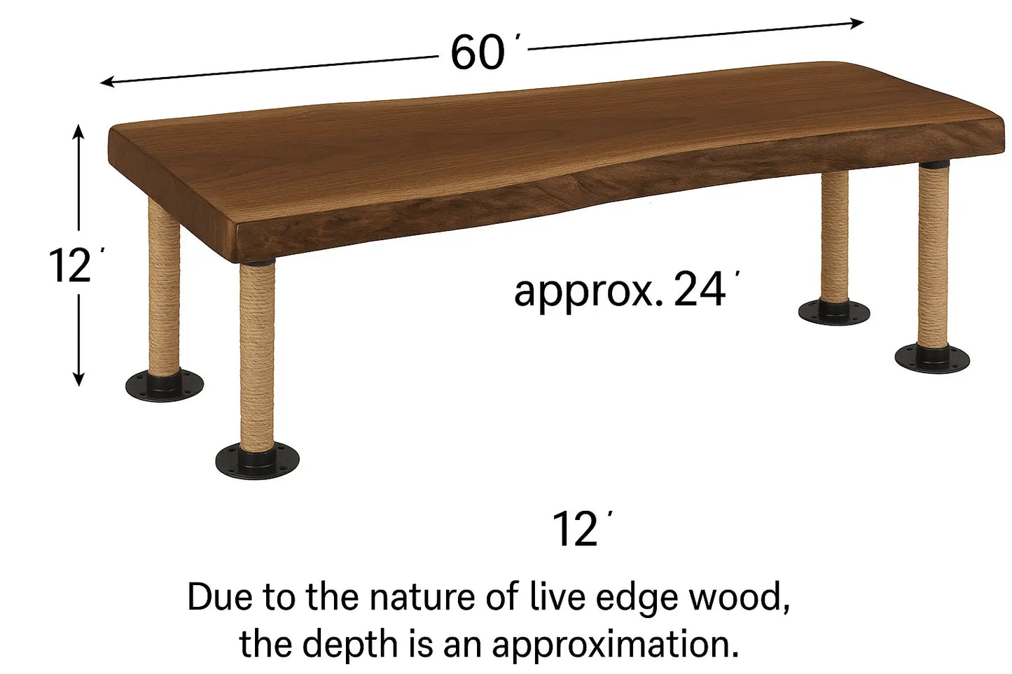 Live Edge Walnut Wood Benches with Rope-Wrapped Legs – Rustic Handmade Seating for Dining Room or Entryway - Our3Designs