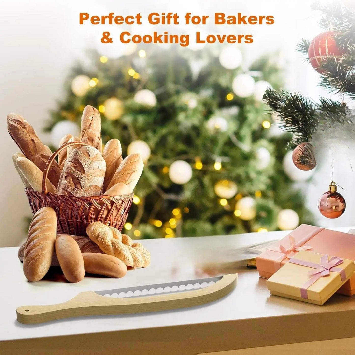 Bread Knife for Homemade Bread β 16" Walnut Bow Bread Cutter with Ultra-Sharp Serrated Stainless Steel Blade, Sourdough Bread Knife for Bagels, Baguettes, and Rustic Loaves - Wood Color