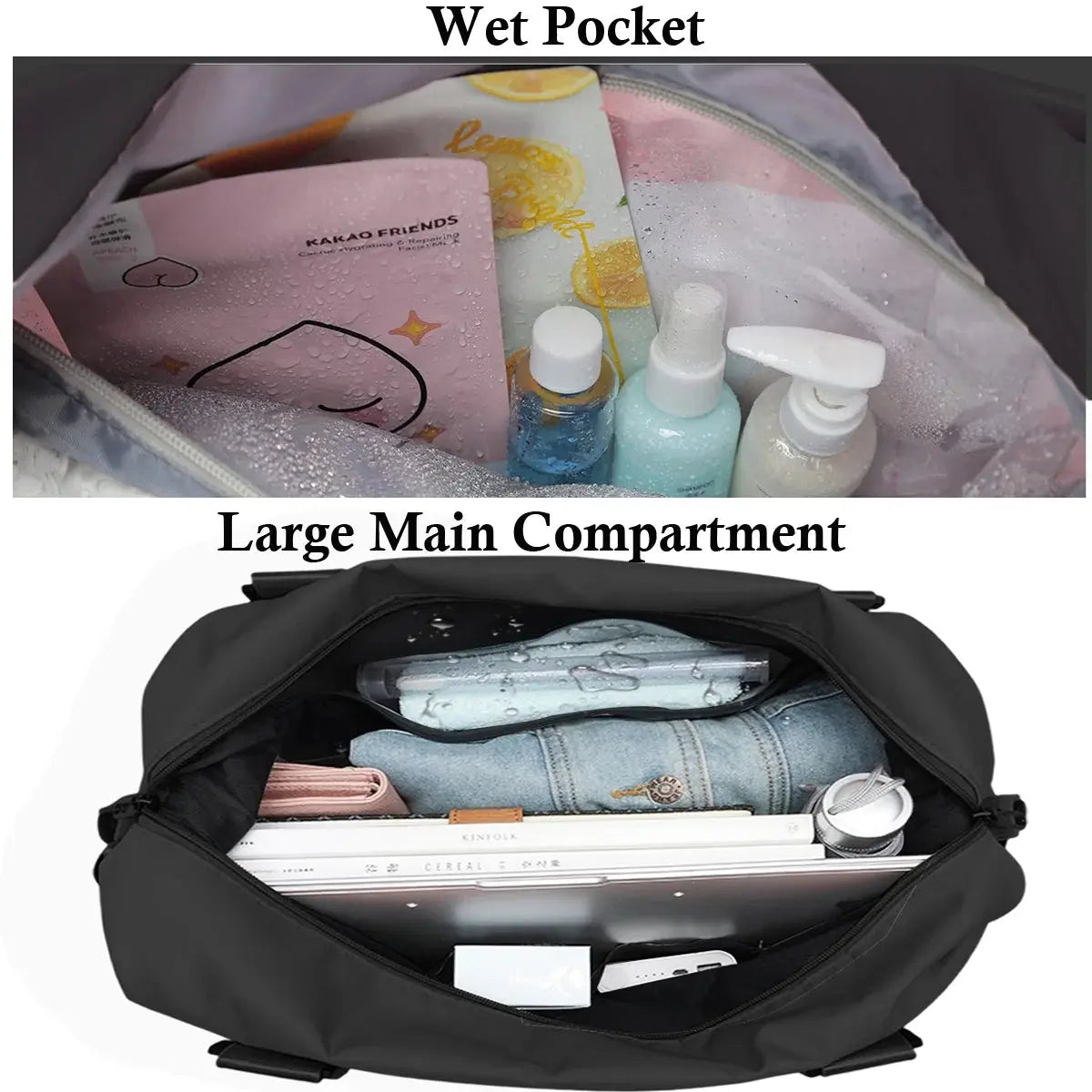 37L Waterproof Duffle Bag for Women, Tear-Resistant Gym Travel Bag with Adjustable Shoulder Strap & Trolley Sleeve, Airline Approved Carry-On Weekender Bag with Wet/Dry Pocket, Black