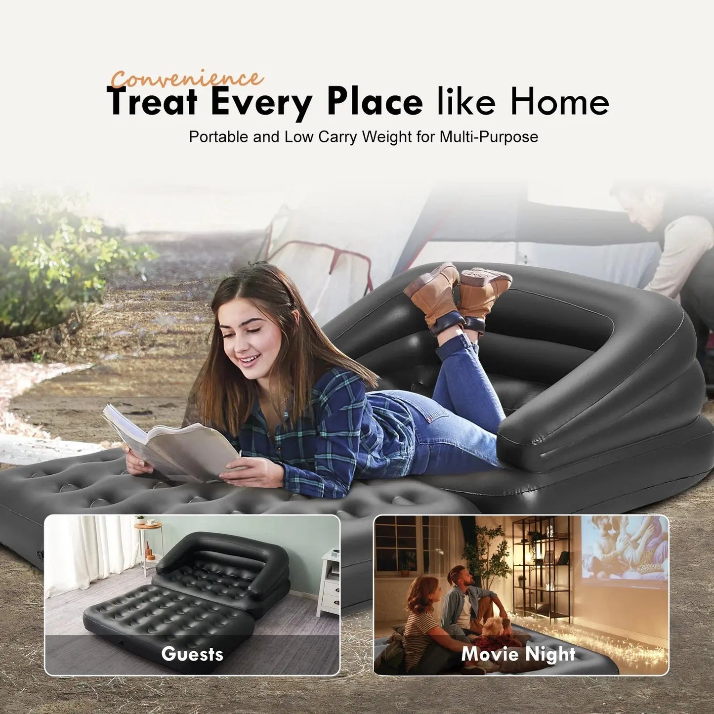 78" X 54" X 24" Inflatable Sofa, Air Couch 5-In-1, Black