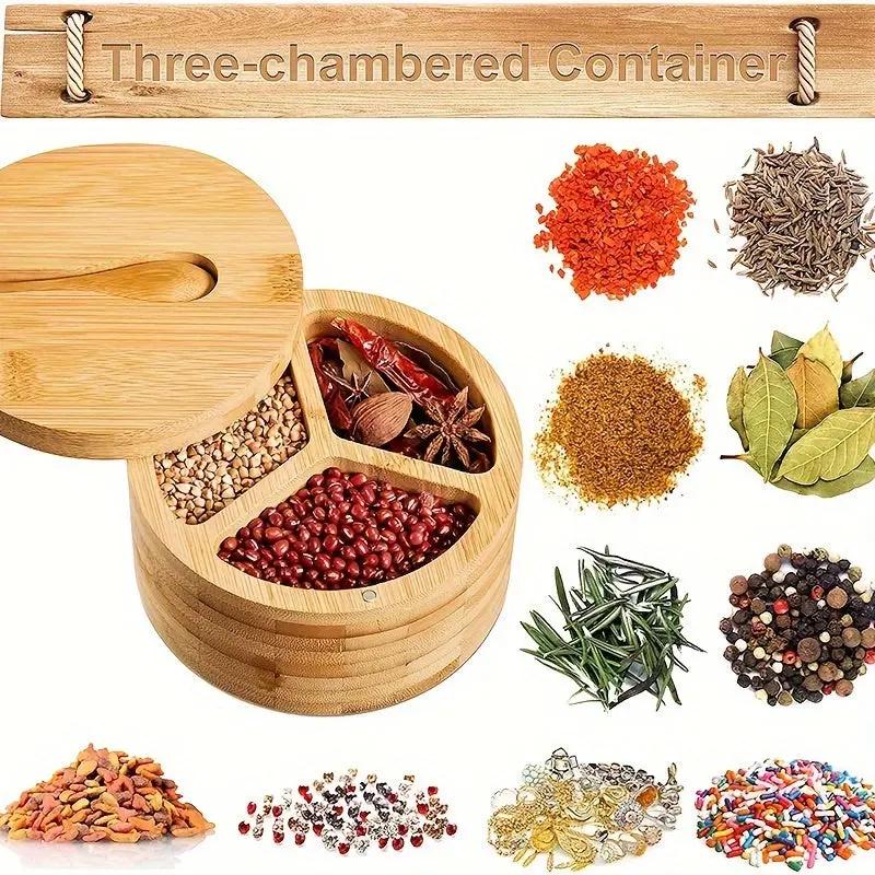 Expertly crafted, this bamboo seasoning container includes a secure lid and a convenient spoon for precise use. Our3Designs