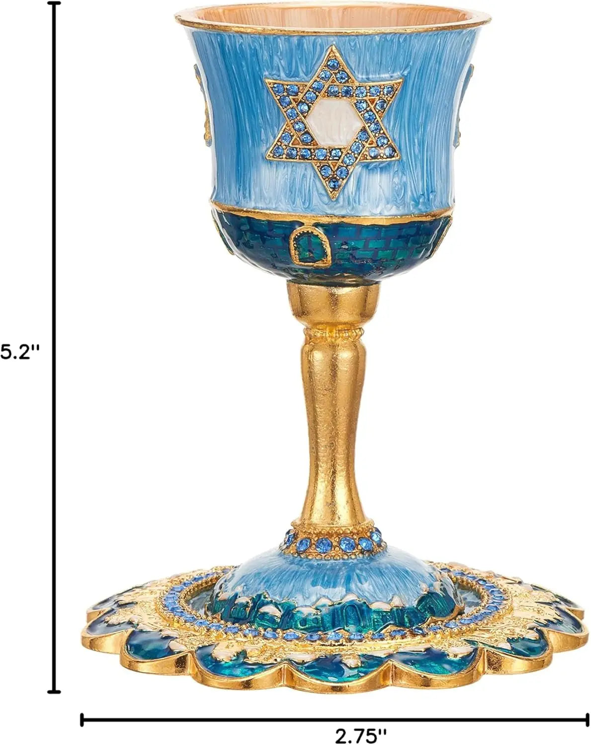 Hand-Painted Enamel Tall 5" Kiddush Cup Set W/Stem & Tray Embellished W/Crystals and Star of David Design for Weddings Shabbat Havdalah Passover Goblet Judaica Gift Cup