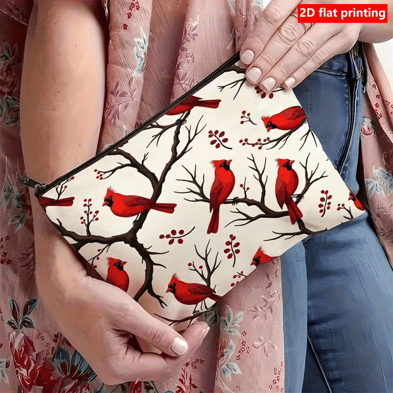 1pc Zippered Makeup Bag with Red Cardinal Pattern