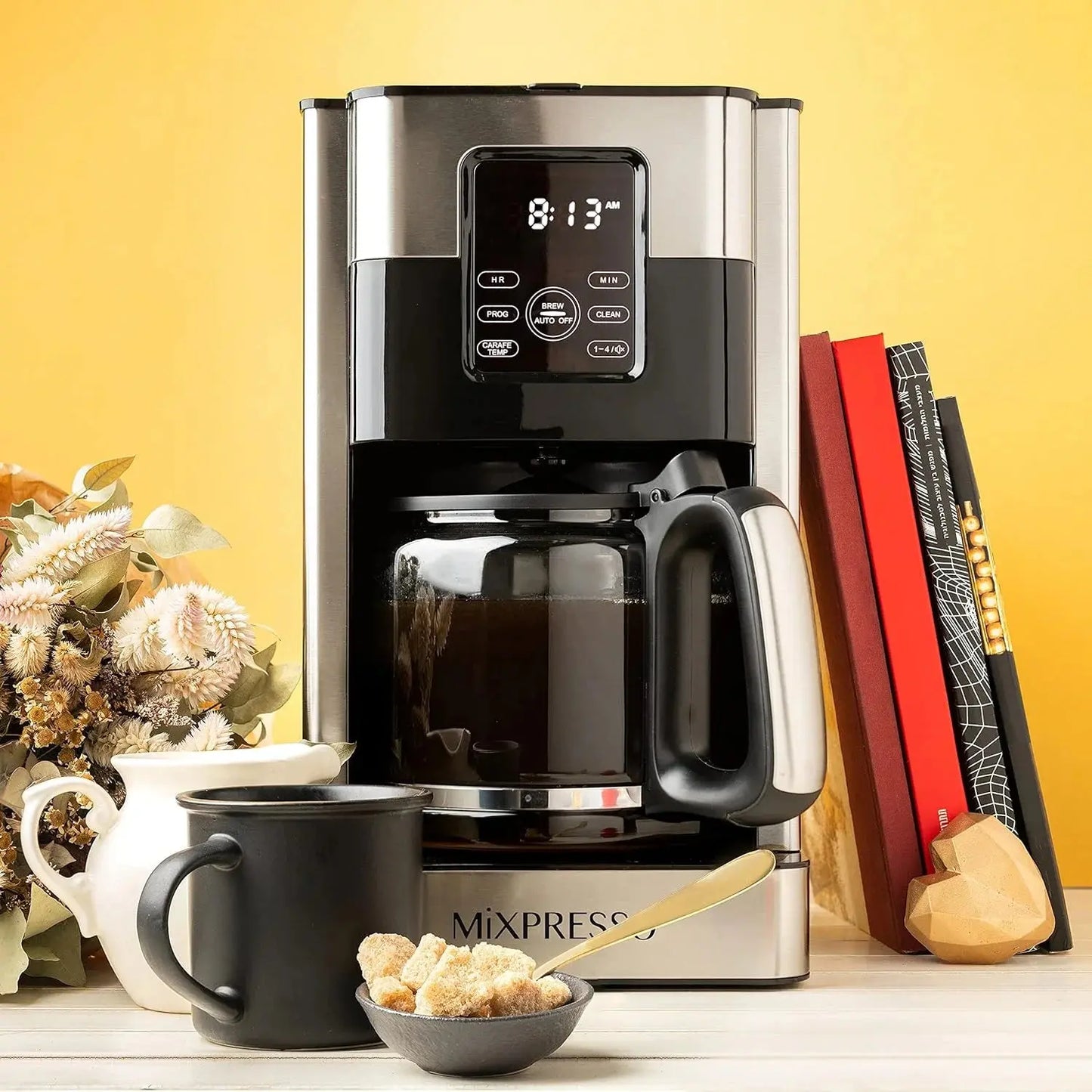 12-Cup Programmable Drip Coffee Maker with LCD Touch Display, Borosilicate Glass Carafe, Anti-Drip System, and Stainless Steel Finish