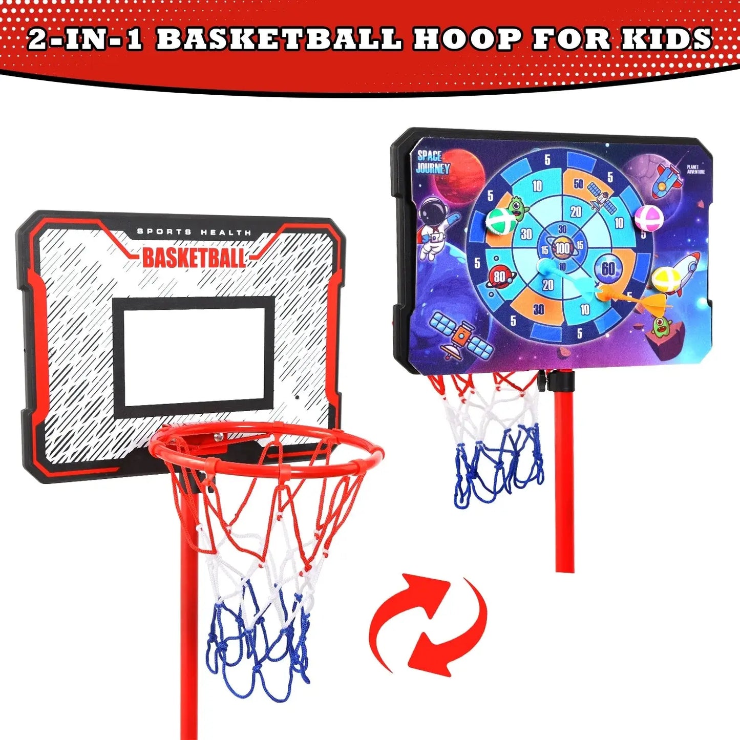 Kids Basketball Hoop, 2-In-1 Toddler Basketball Goal with Dart Board & 4 Balls, Adjustable Height 2.9Ft-6.2Ft, Outdoor Basketball Toy Gifts for 3-12 Year Old Boys Girls