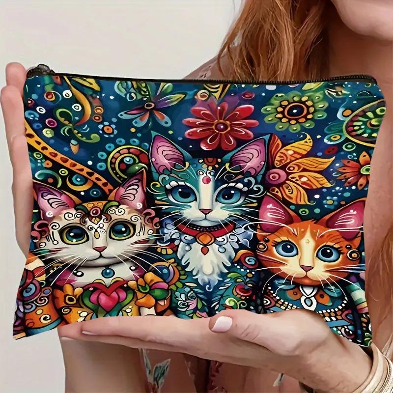 Vibrant Cat Print Cosmetic Bag with 3 Adorable Cats and Floral Design O3D