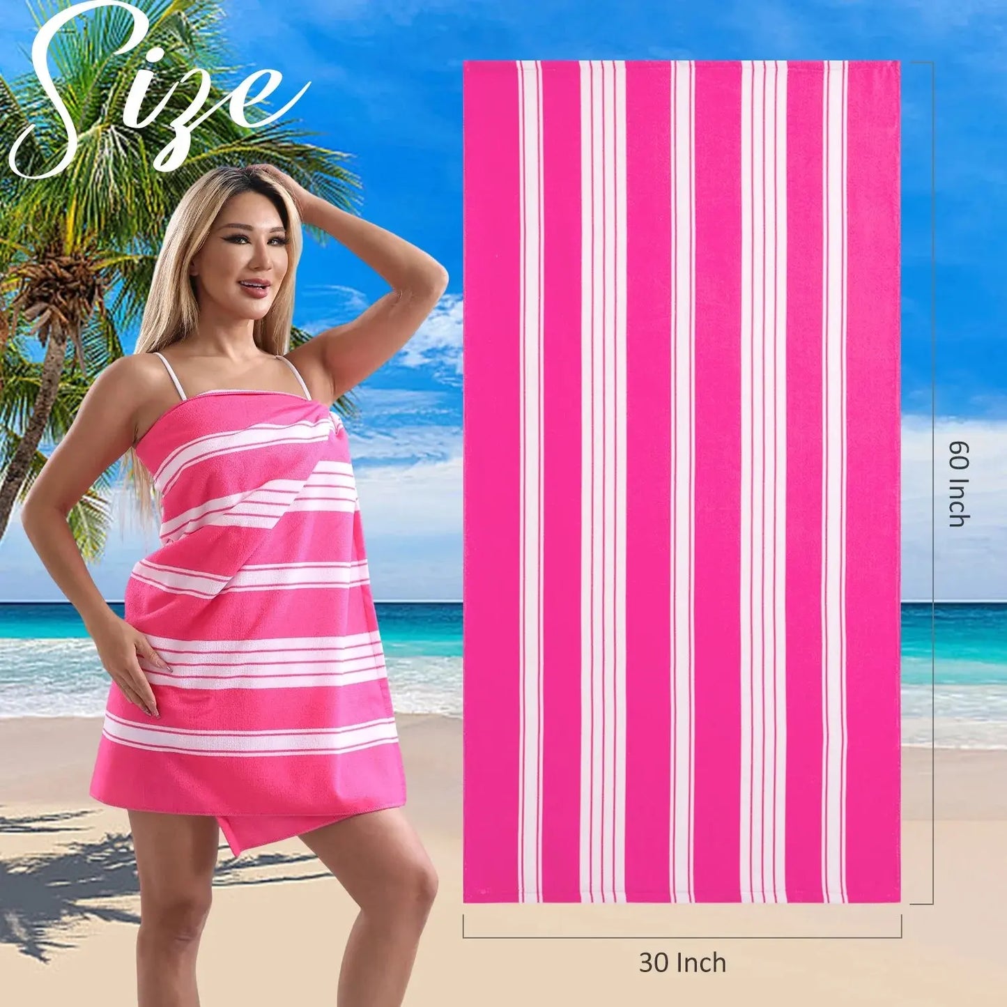 2 Pack Oversized Cabana Stripe Beach Towels, 60X30 Inches Microfiber Outdoor Large Swim Towel for Adults (Rose Red)