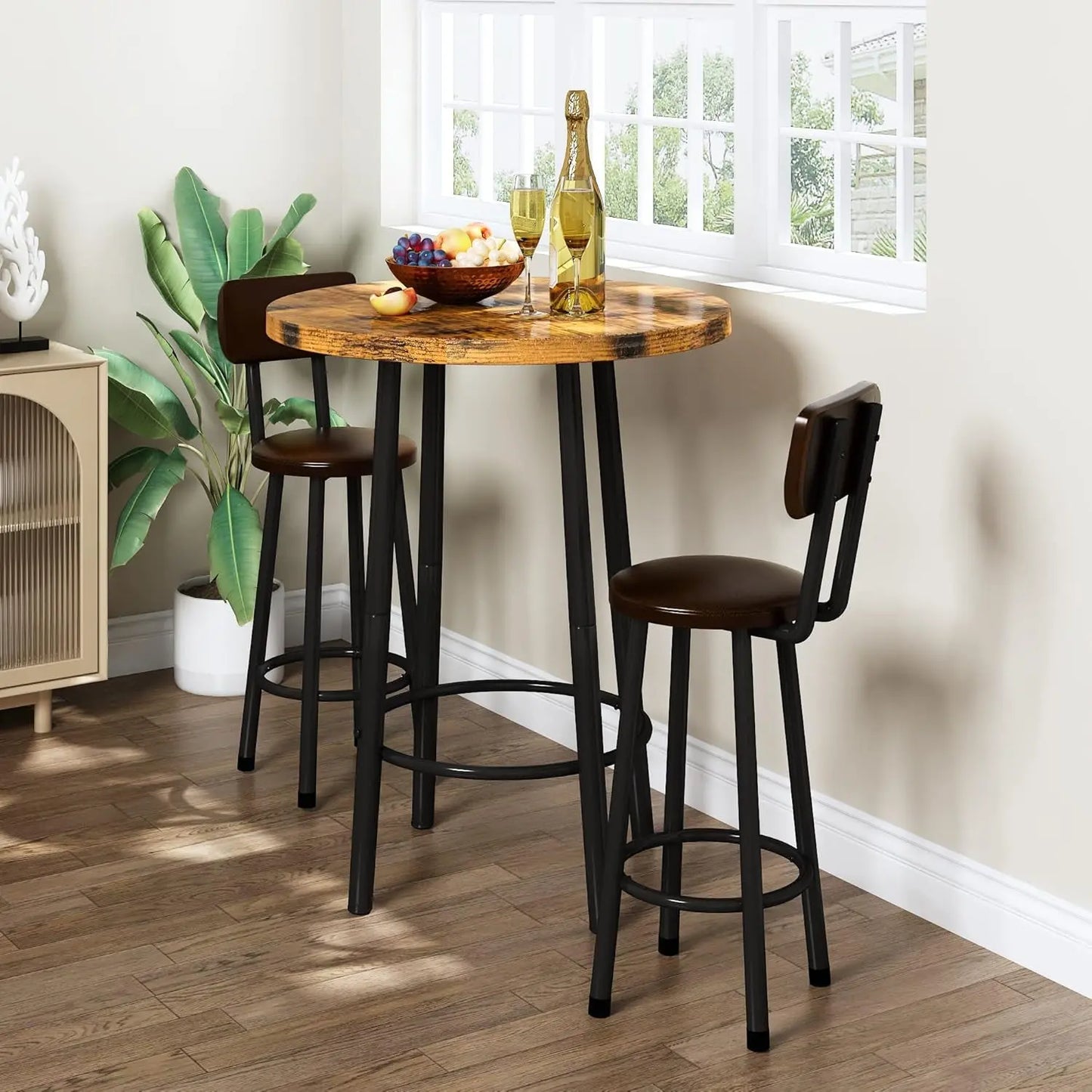 3 Piece Pub Dining Set, Modern Bar Table and Stools for 2 Kitchen Counter Height Wood Top Bistro Easy Assemble for Breakfast Nook Living Room Small Space Restaurant, Rustic Brown