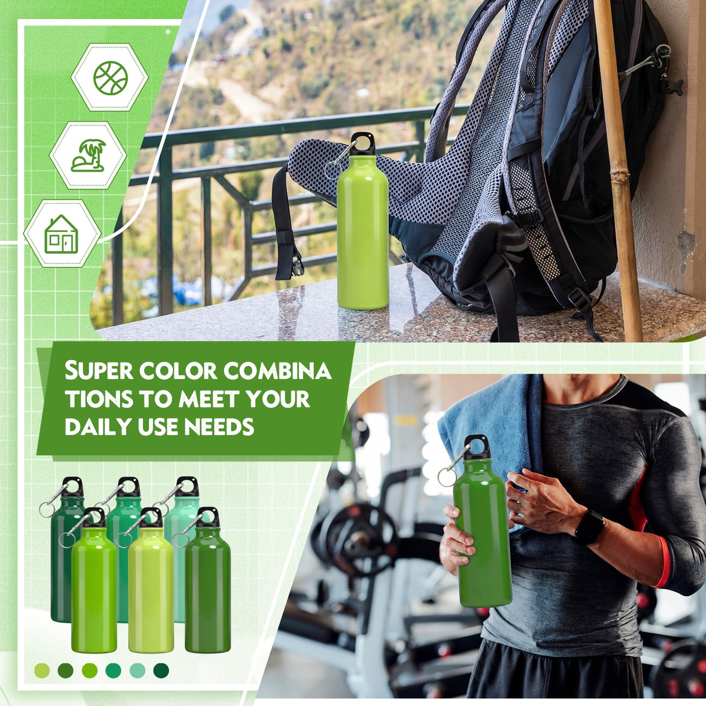 Lightweight Aluminum Water Bottle Bulk 17oz Leak Proof - Comes in Random Green Tones