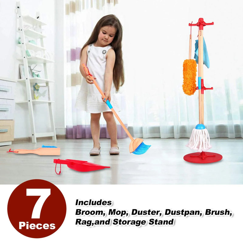7 Piece Kids Cleaning Set, Wooden Detachable Cleaning Toys Includes Broom Dustpan Mop Brush Duster Rag and Hanging Stand, Pretend Play Housekeeping Tools Gift for Girls Boys, Blue
