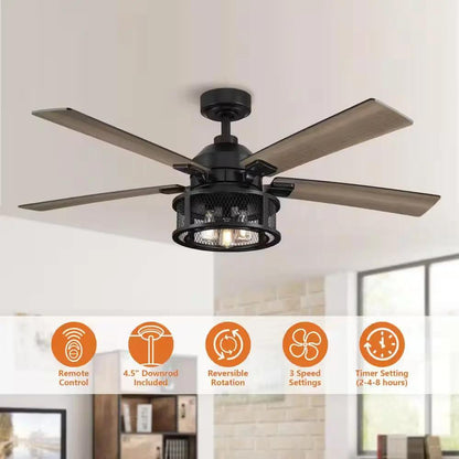 52 In. Indoor Industrial Mesh Metal Reversible Blades Black Ceiling Fan with Light Kit and Remote Control