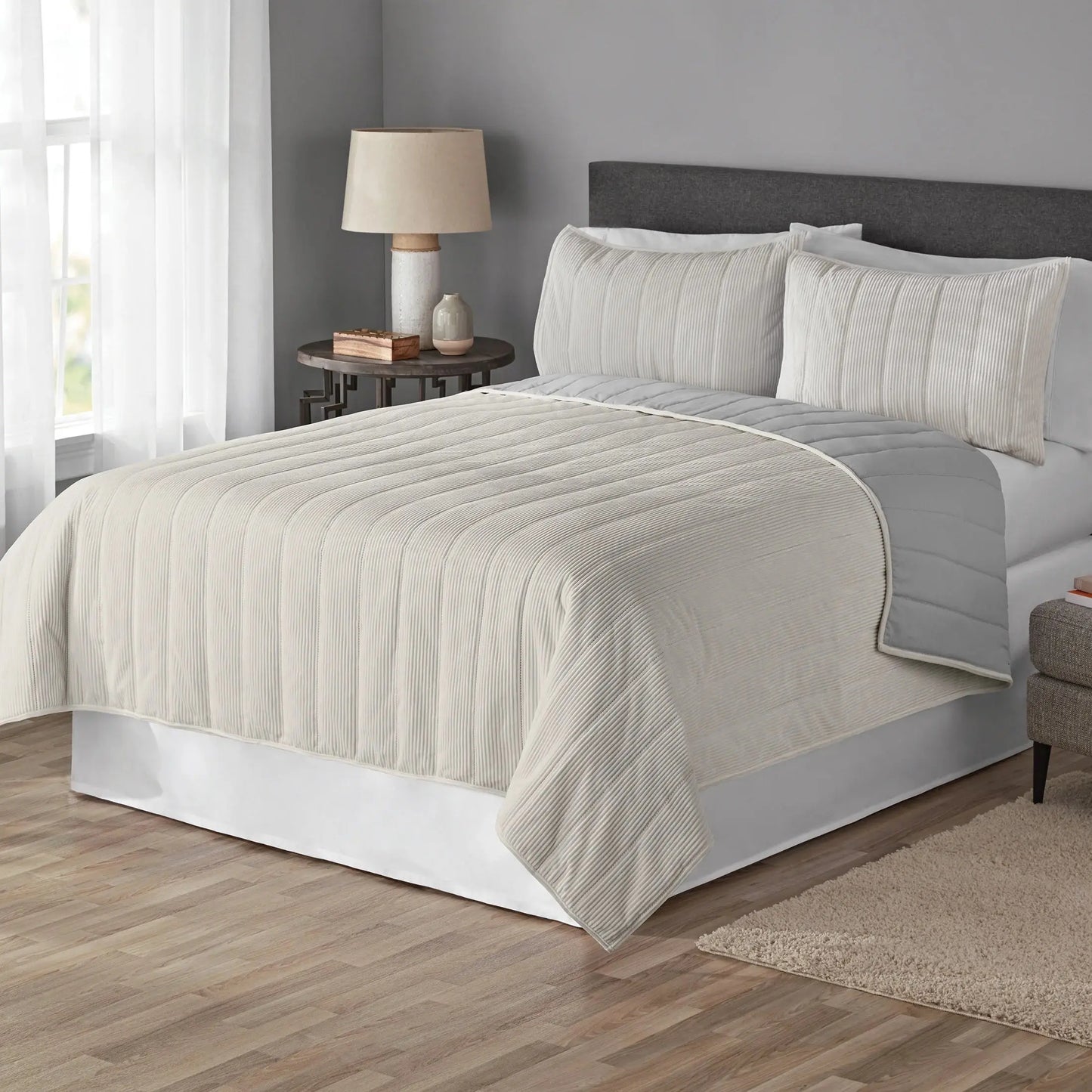 Solid Textured Corduroy Striped Quilt, White, Full/Queen, All Ages