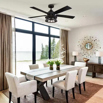 52 In. Indoor Industrial Mesh Metal Reversible Blades Black Ceiling Fan with Light Kit and Remote Control