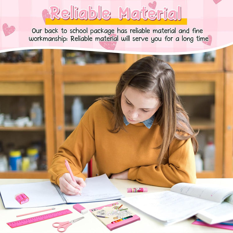48 Pcs Back to School Gifts for Students School Stationary Set Essentials Bundle Include Folders Notebooks Rulers Scissors Pencils Pens and Much More(Pink)