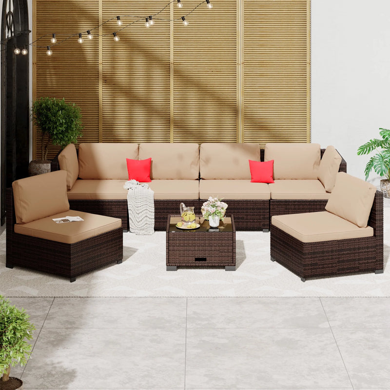 7 Piece Patio Furniture Set, Outdoor Furniture Patio Sectional Sofa, All Weather PE Rattan Outdoor Sectional with Cushion and Coffee Table.