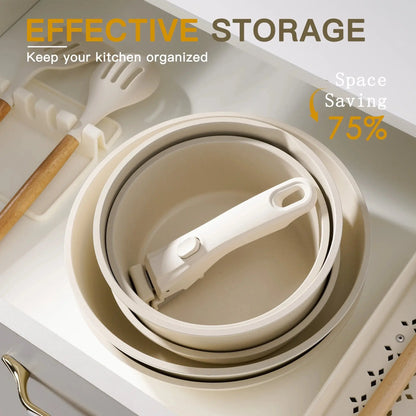 20-Piece Non-Stick Ceramic Cookware Set with Detachable Handles, Oven Safe and Induction Compatible, Stackable RV Kitchen Set in Cream White