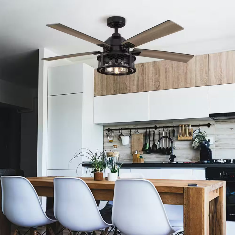 52 In. Indoor Industrial Mesh Metal Reversible Blades Black Ceiling Fan with Light Kit and Remote Control