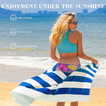 4-Pack Cotton Large Cabana Stripe Beach Towels, Super Absorbent Soft Plush Pool Towel, Bath Towel (Ocean Blue, 30"X60")