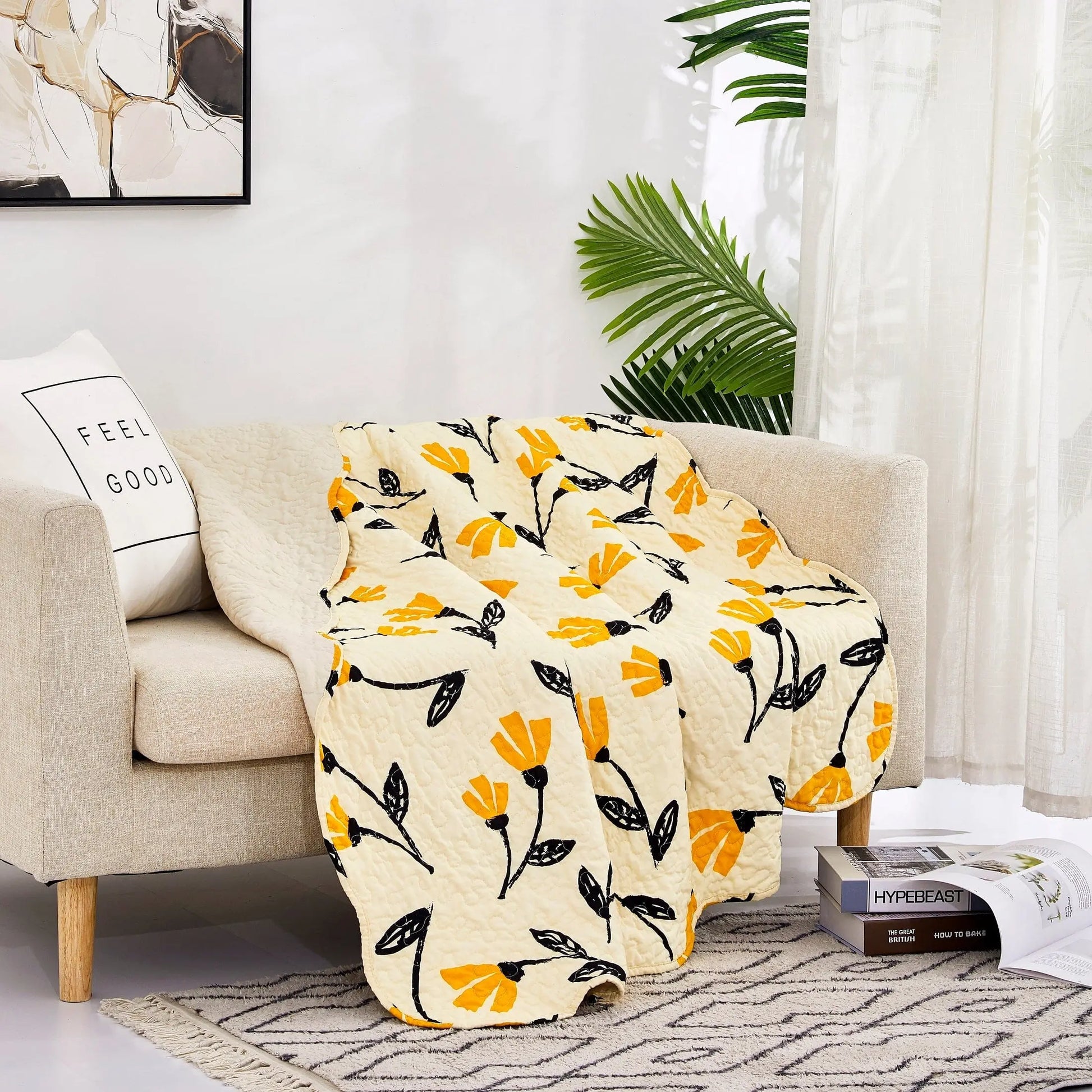 DaDa Bedding Botanical Floral Throw Blanket - Quilted Yellow Fleur Golden Orange Spring Time Tulips - Scalloped Edges Bright Vibrant Ivory Cream - 50 x 60 DaDalogy Bedding Collection