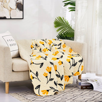 DaDa Bedding Botanical Floral Throw Blanket - Quilted Yellow Fleur Golden Orange Spring Time Tulips - Scalloped Edges Bright Vibrant Ivory Cream - 50 x 60 DaDalogy Bedding Collection