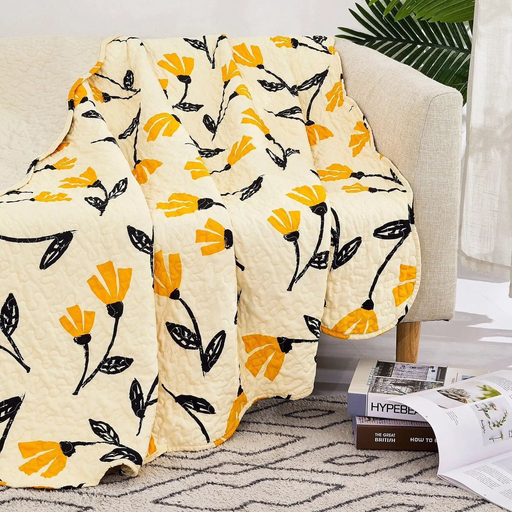 DaDa Bedding Botanical Floral Throw Blanket - Quilted Yellow Fleur Golden Orange Spring Time Tulips - Scalloped Edges Bright Vibrant Ivory Cream - 50 x 60 DaDalogy Bedding Collection