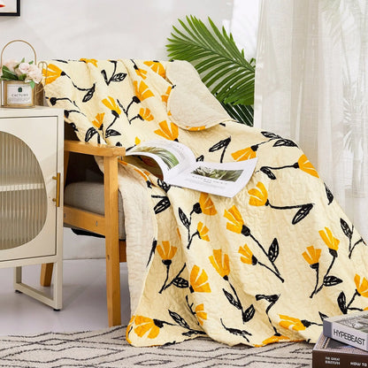 DaDa Bedding Botanical Floral Throw Blanket - Quilted Yellow Fleur Golden Orange Spring Time Tulips - Scalloped Edges Bright Vibrant Ivory Cream - 50 x 60 DaDalogy Bedding Collection
