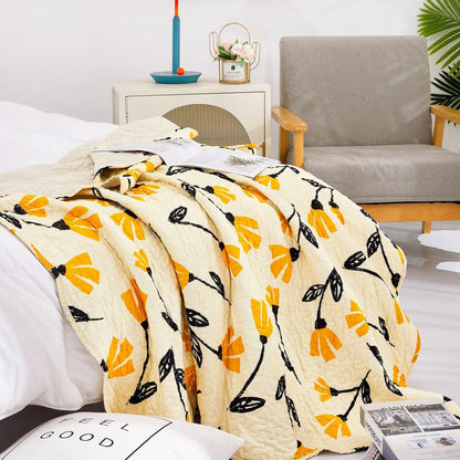 DaDa Bedding Botanical Floral Throw Blanket - Quilted Yellow Fleur Golden Orange Spring Time Tulips - Scalloped Edges Bright Vibrant Ivory Cream - 50 x 60 DaDalogy Bedding Collection