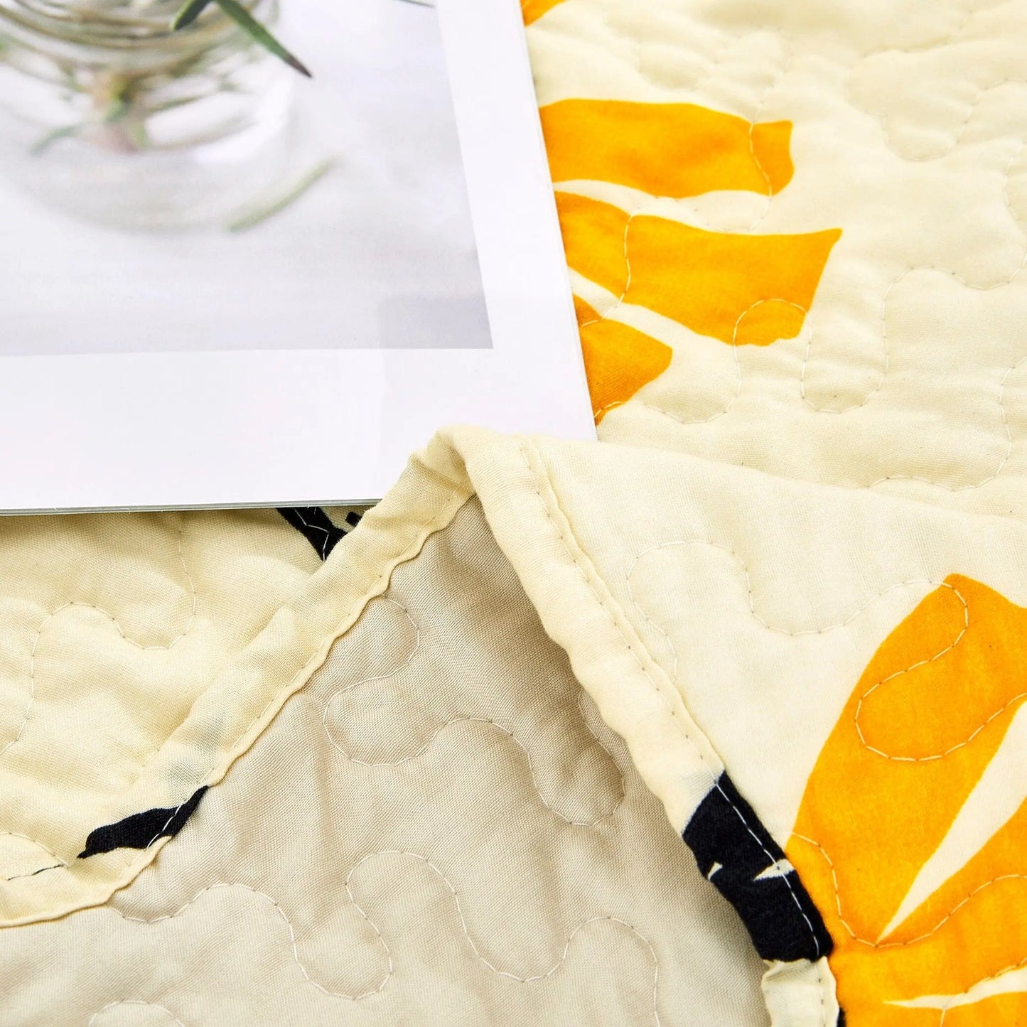 DaDa Bedding Botanical Floral Throw Blanket - Quilted Yellow Fleur Golden Orange Spring Time Tulips - Scalloped Edges Bright Vibrant Ivory Cream - 50 x 60 DaDalogy Bedding Collection