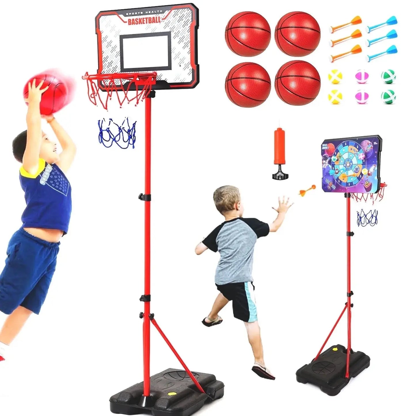 Kids Basketball Hoop, 2-In-1 Toddler Basketball Goal with Dart Board &amp; 4 Balls, Adjustable Height 2.9Ft-6.2Ft, Outdoor Basketball Toy Gifts for 3-12 Year Old Boys Girls