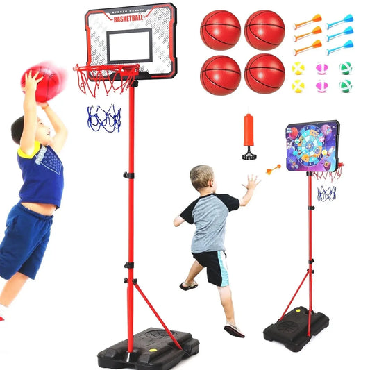 Kids Basketball Hoop, 2-In-1 Toddler Basketball Goal with Dart Board & 4 Balls, Adjustable Height 2.9Ft-6.2Ft, Outdoor Basketball Toy Gifts for 3-12 Year Old Boys Girls
