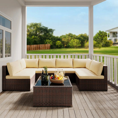Patio Furniture Set 7-Piece Outdoor Seating Sofa Set with Glass Coffee Table, Beige