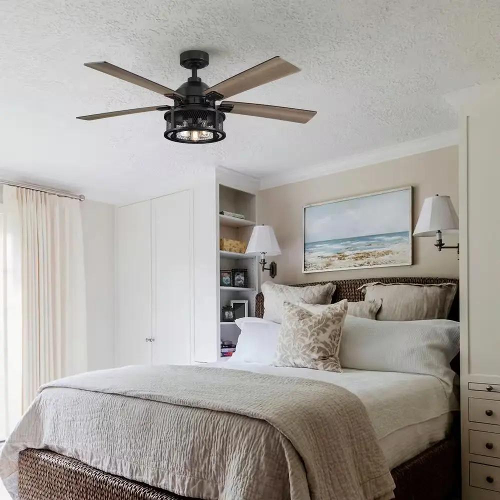 52 In. Indoor Industrial Mesh Metal Reversible Blades Black Ceiling Fan with Light Kit and Remote Control