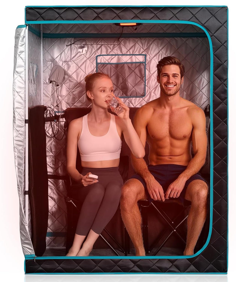Portable Far Infrared Sauna, Home Two Person Sauna Box with 660Nm Red Light Therapy Lamp, X-Large Full Size Indoor SPA Tent for Body Recovery, Remote Control, 2 Folding Chairs, Blackgreen