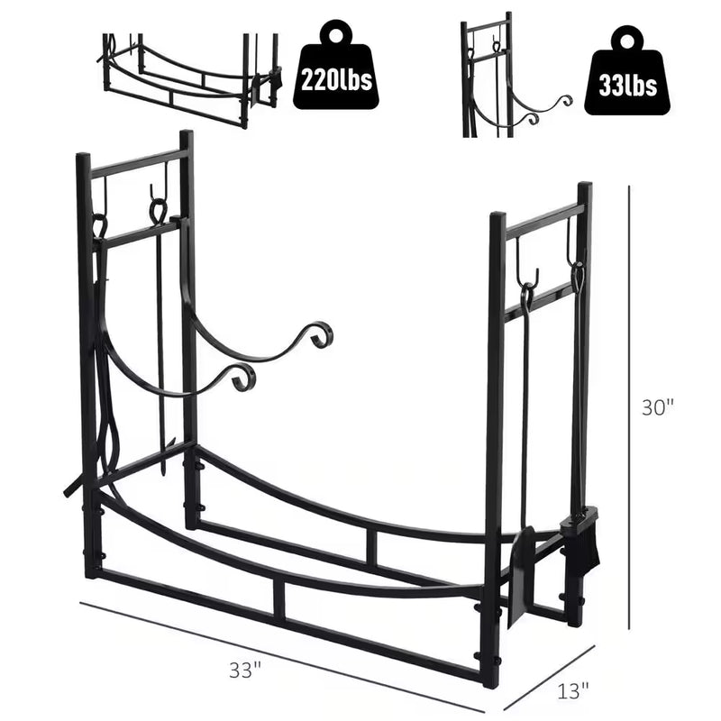 33 In. L Wrought Iron Indoor Outdoor Fireplace Tool Set Log Rack Holder with Fireplace Tools