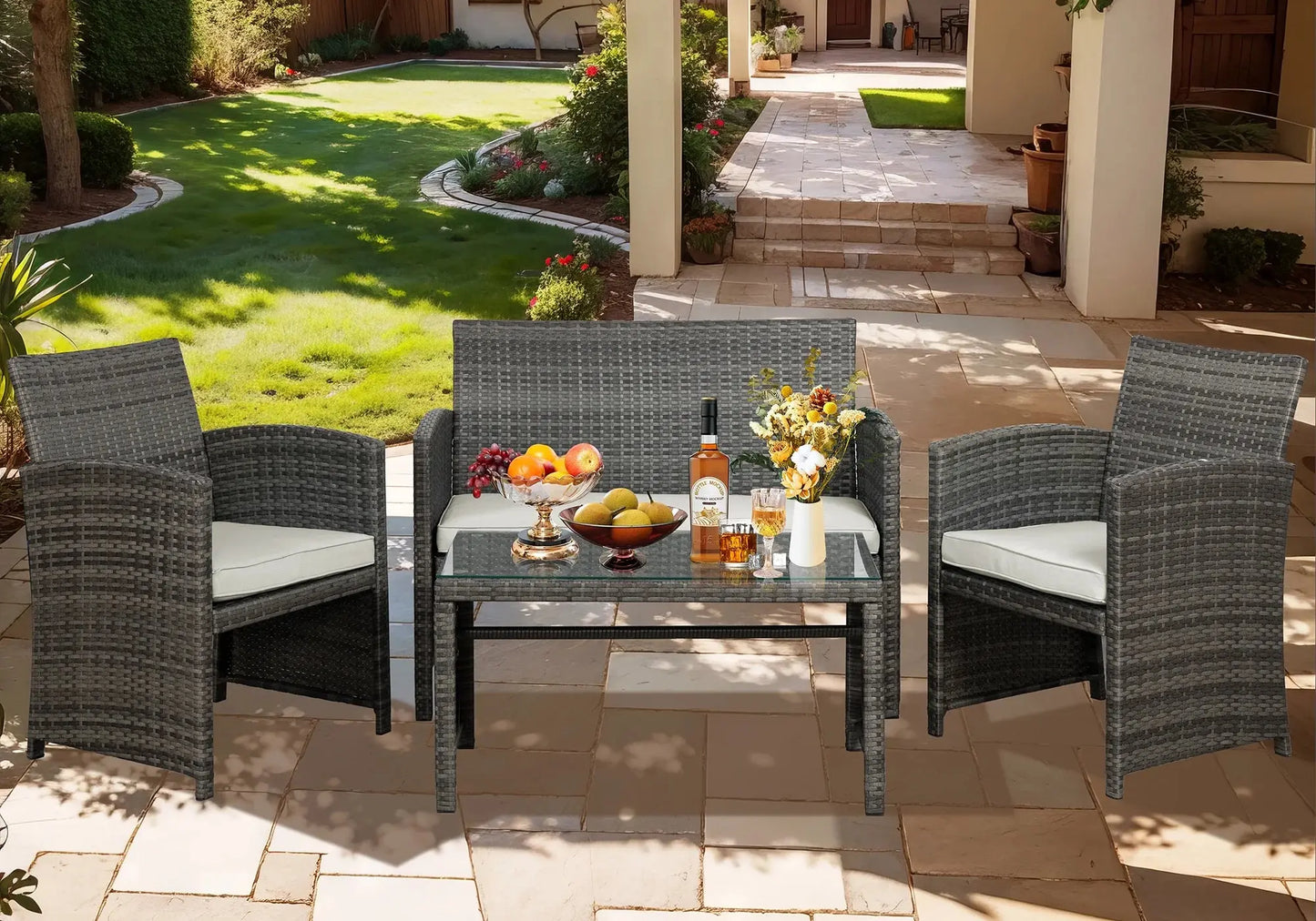 4-Piece Patio Rattan Furniture Set with Cushions & Tempered Glass Tabletop, White