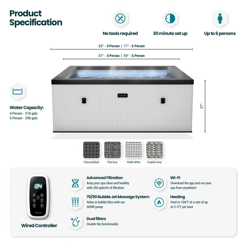 Garda 4-Person Eco Foam Outdoor Spa, Integrated Heater, Charcoal Black